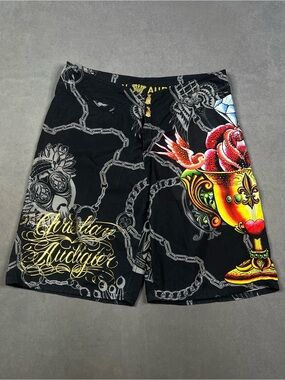 Christian Audigier Ed Hardy Black Board Shorts with Gold Logo and Chain Print